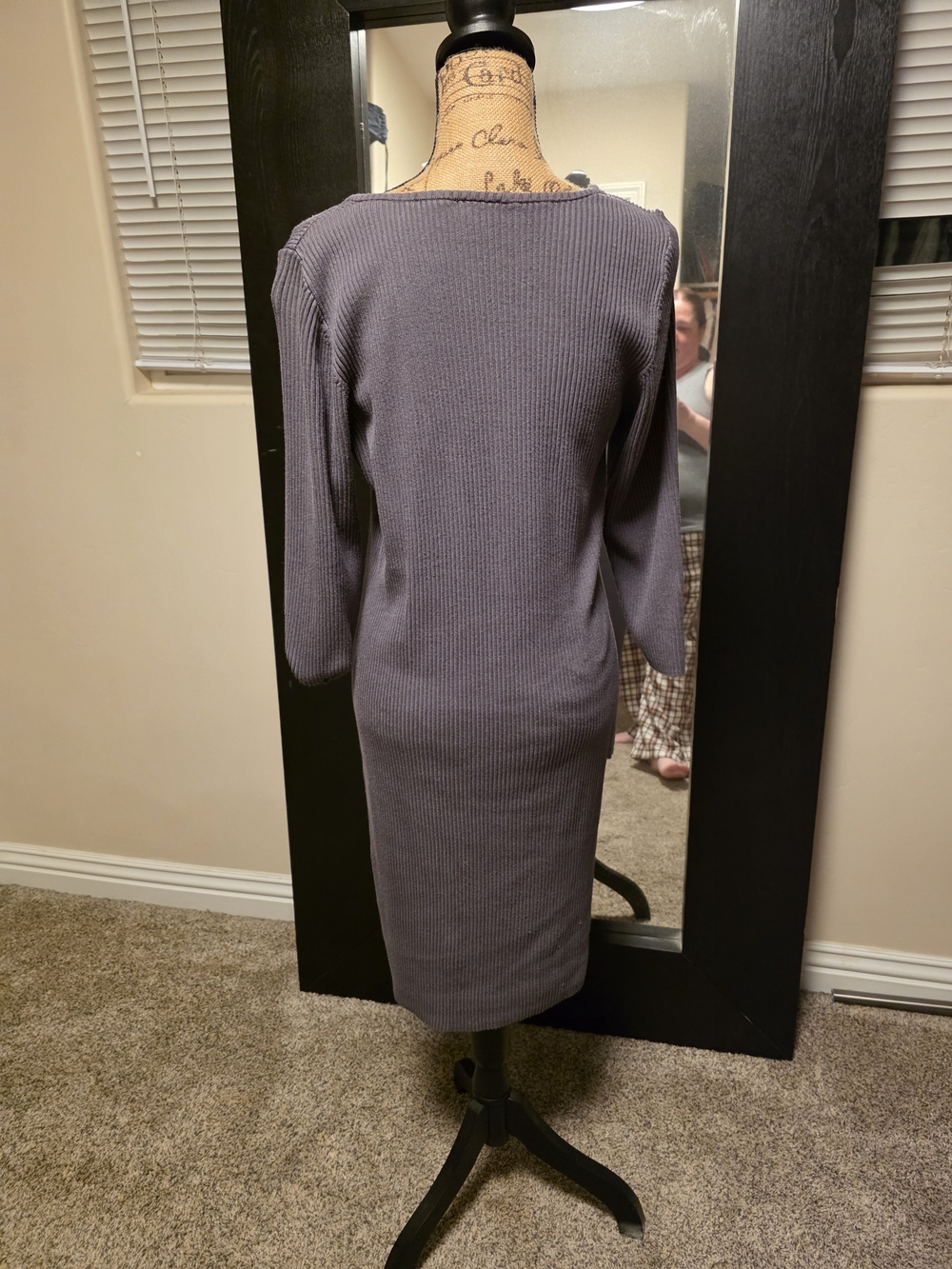 Ribbed Button-Front Long Sleeve Dress - Gray - Picture 2 of 3